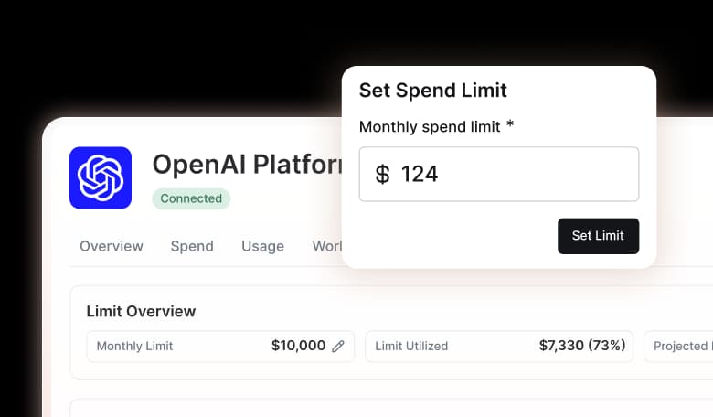 Set spend limit dialog over an OpenAI Platform limit overview