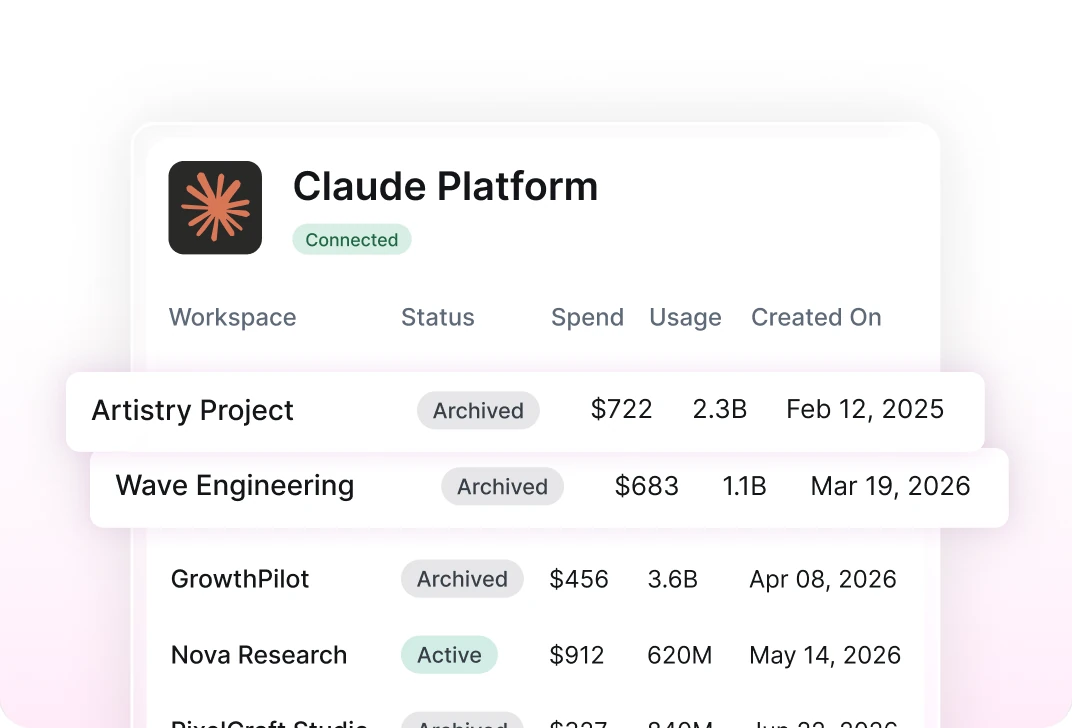 Claude Platform workspaces with their status, spend, usage and creation date, archived ones raised